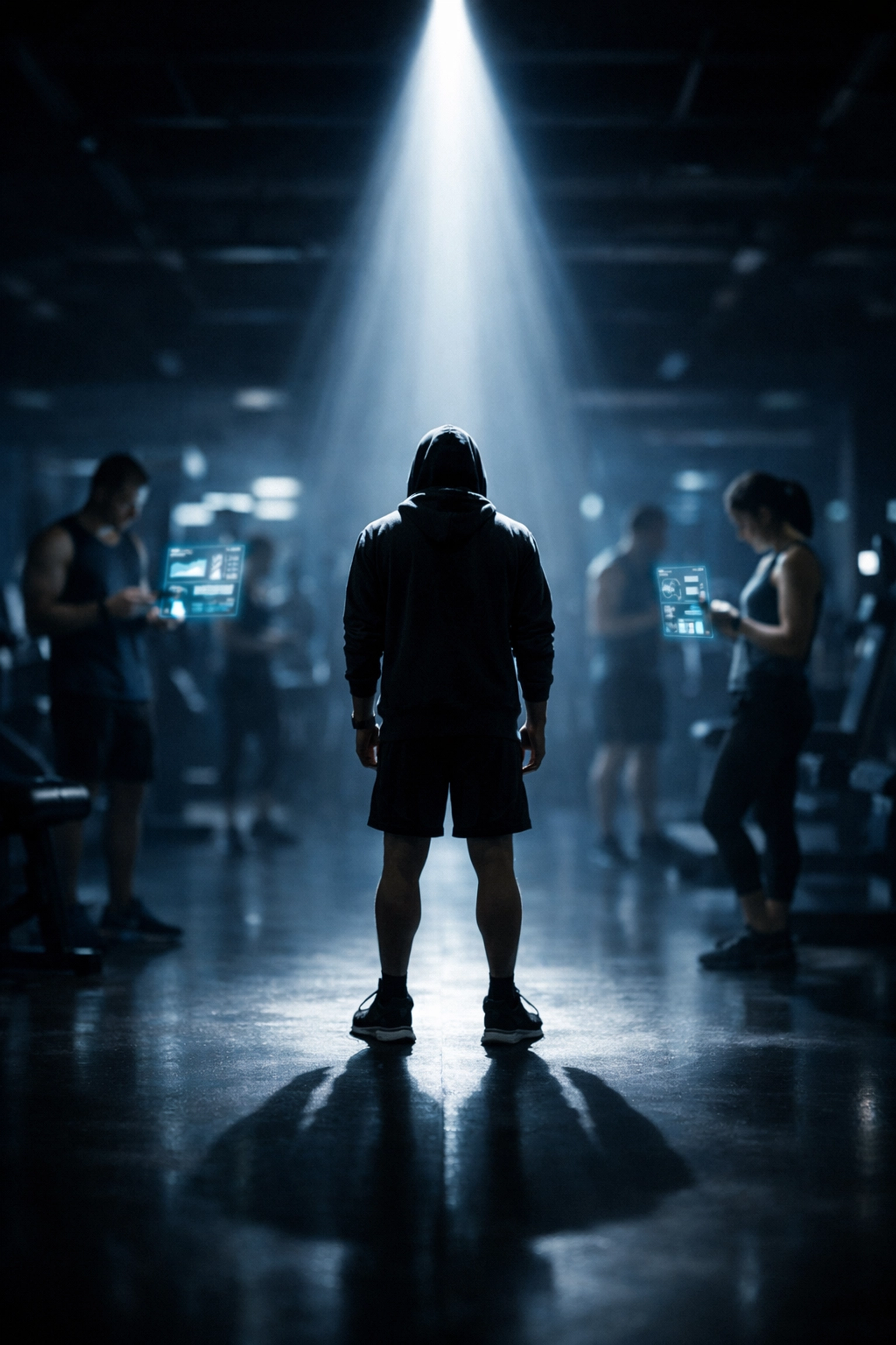 Person standing under a spotlight in a crowded gym representing the spotlight effect and gym anxiety.