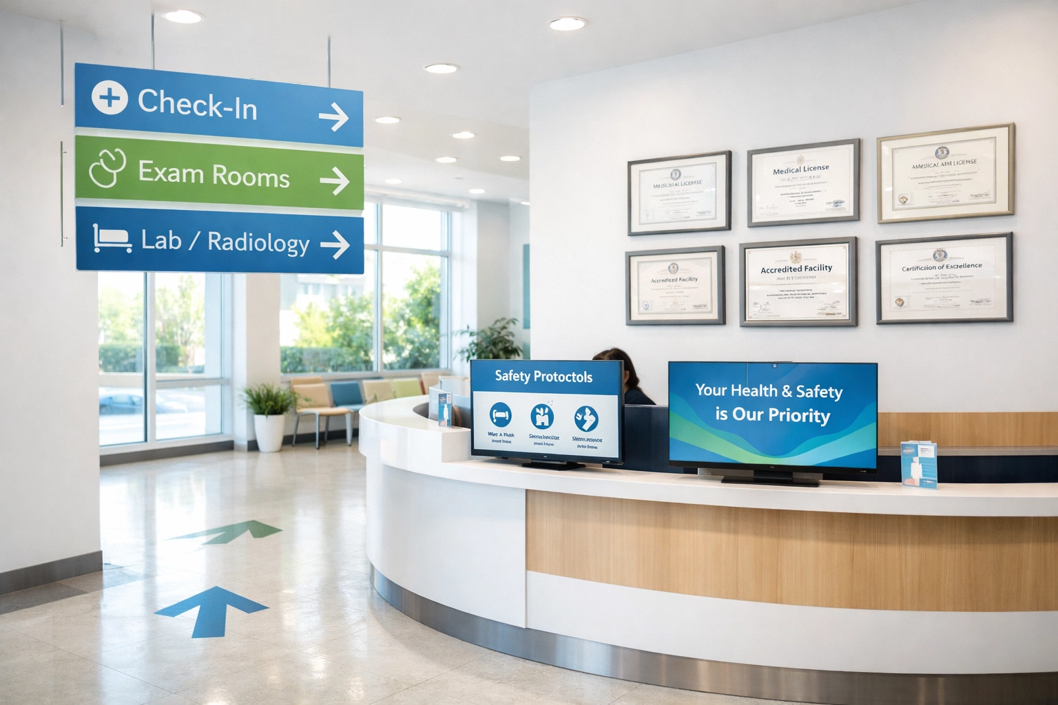 Treatment facility lobby displaying certifications and safety signage with professional visual compliance