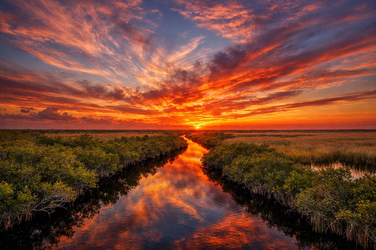 A vibrant sunset over the Everglades River of Grass, capturing the landscape on a photography tour.