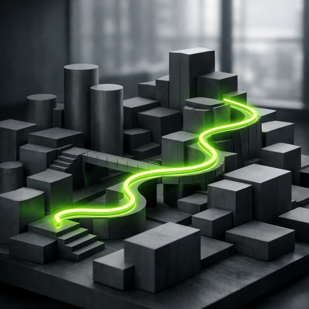 Green light path connecting organizational silos to bridge the execution gap and improve strategic alignment.