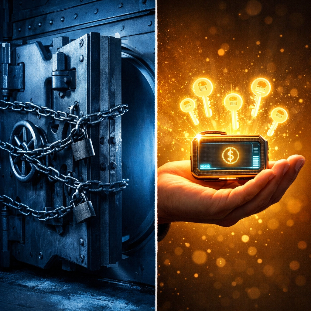 Self-custody crypto wallet versus traditional custodial banking vault demonstrating financial sovereignty