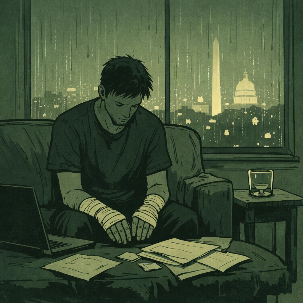 Isolated man with bandaged hands alone in Washington apartment symbolizing political career loss