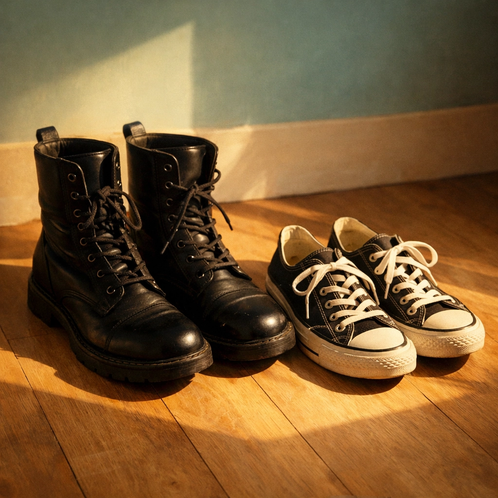 Boots and sneakers on wooden floor representing gender expression through footwear choices
