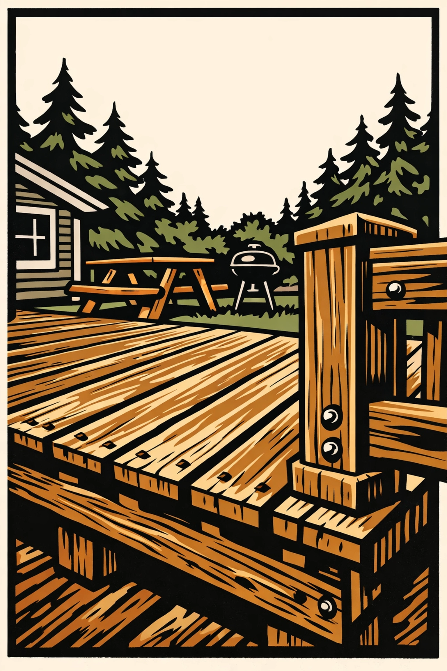 Deck boards and railing inspection showing gaps needing repair in New Hampshire