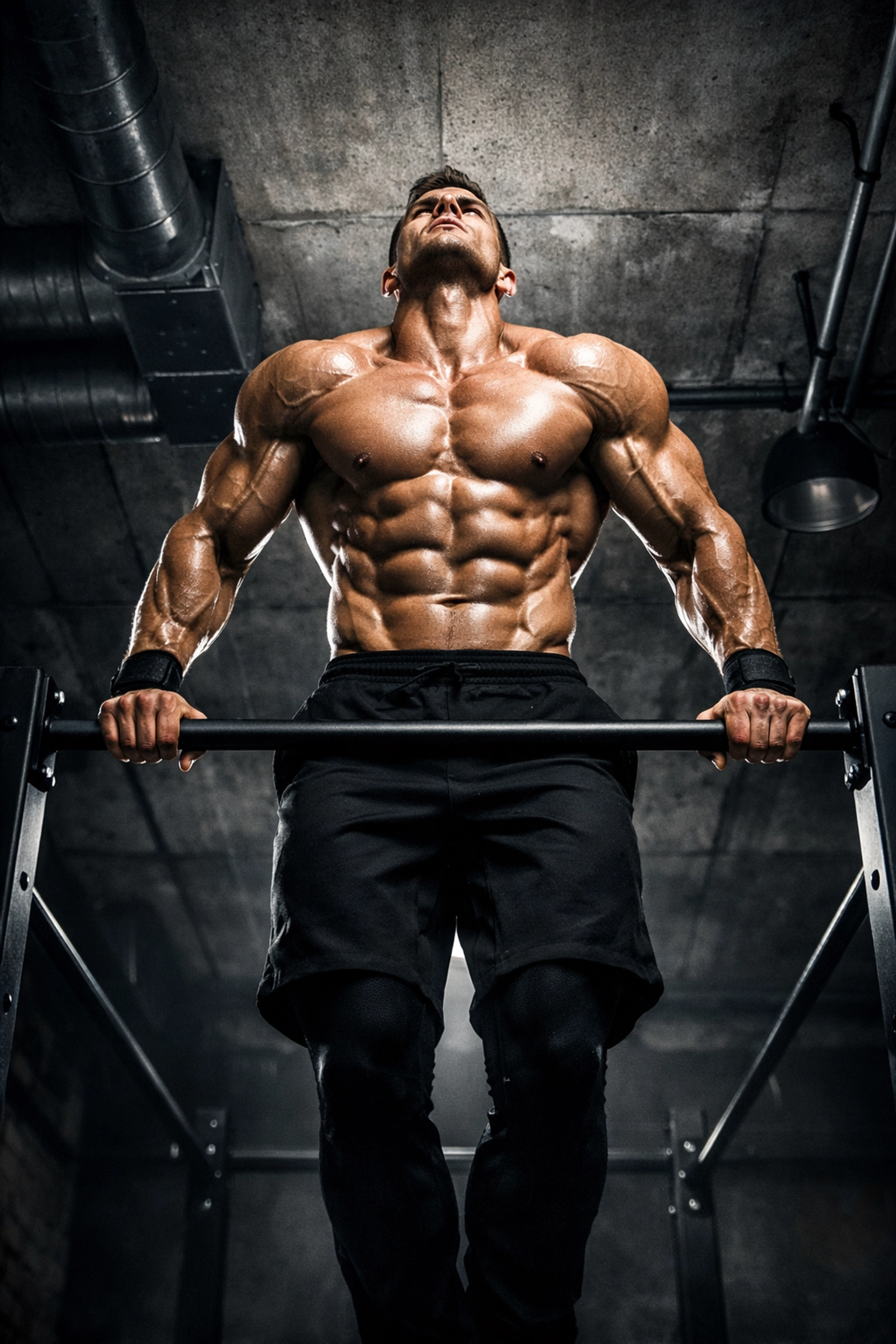 Athlete performing a full range of motion muscle-up on a home calisthenics pull-up bar with high ceiling clearance.