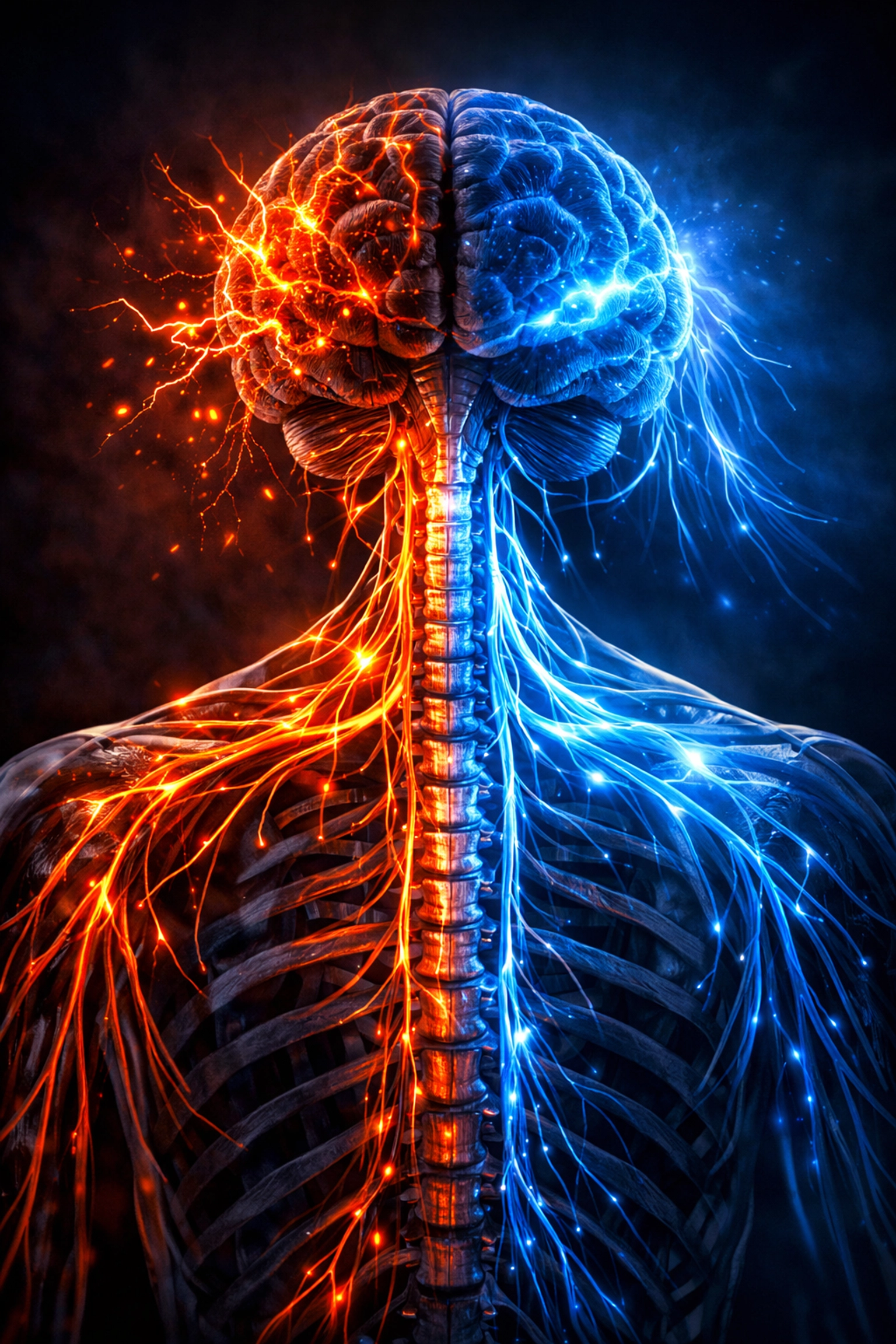 Human nervous system recalibrating during alcohol withdrawal, showing the transition from stress to cellular recovery.