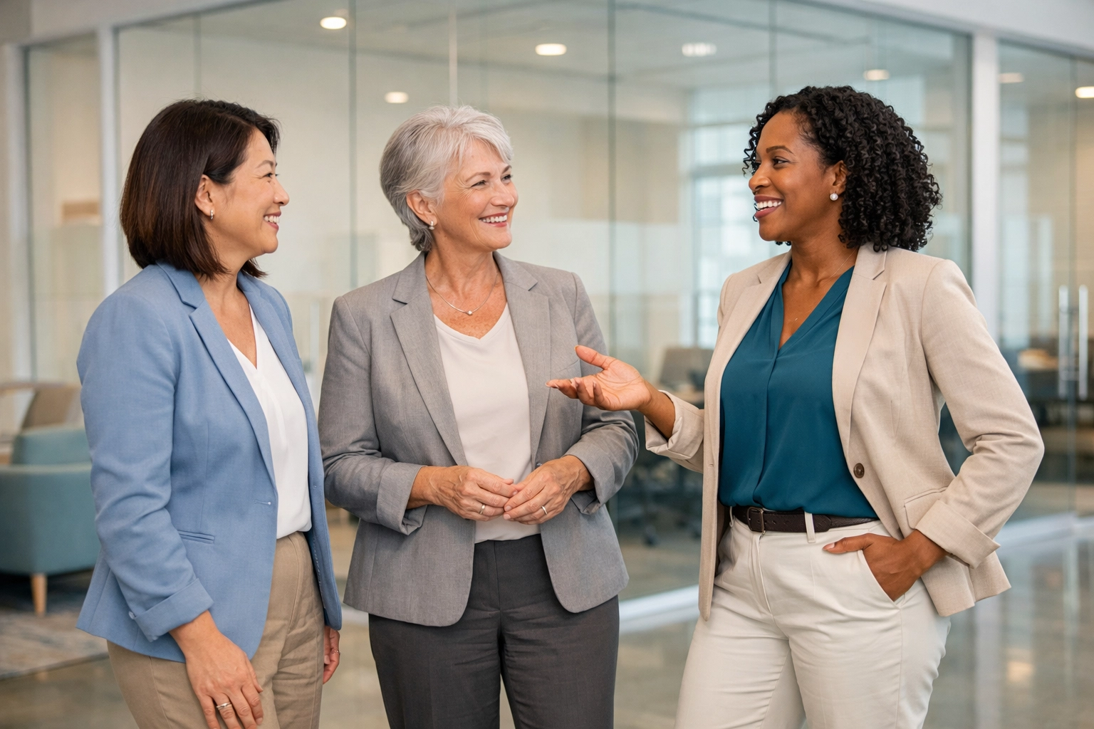 Confident professional women talking in an office, illustrating workplace support and empowerment in midlife.