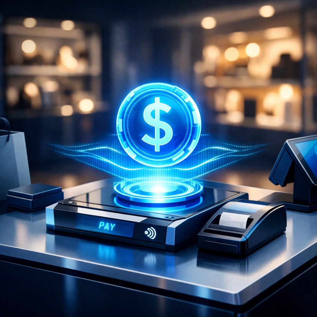 Futuristic retail checkout terminal processing LUSD stablecoin to reduce merchant interchange fees.