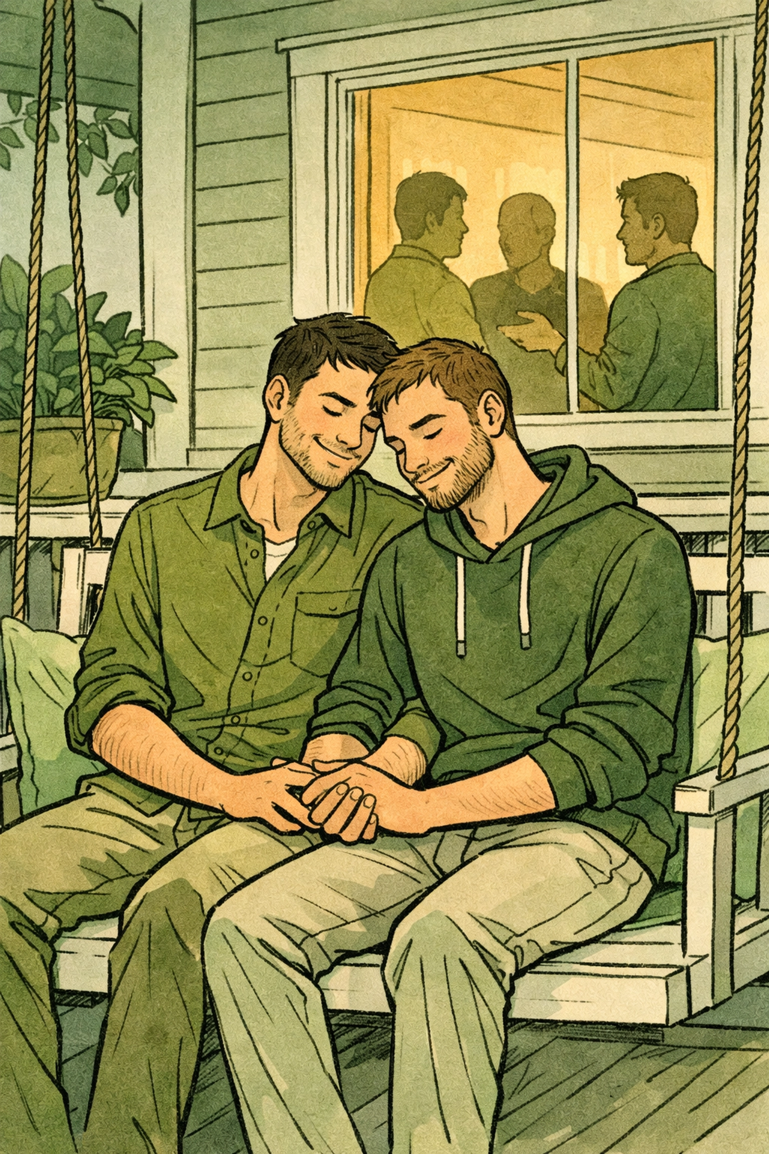 Illustration of a gay couple on a porch swing representing found family and community in MM romance.
