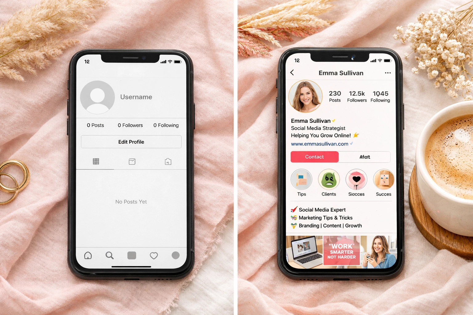 Before and after comparison of optimized social media profile for better search visibility