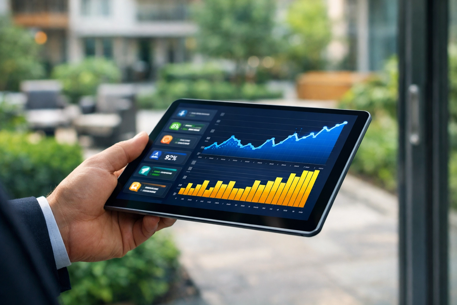 Property manager using a tablet to monitor maintenance data and resident satisfaction in a clean courtyard.