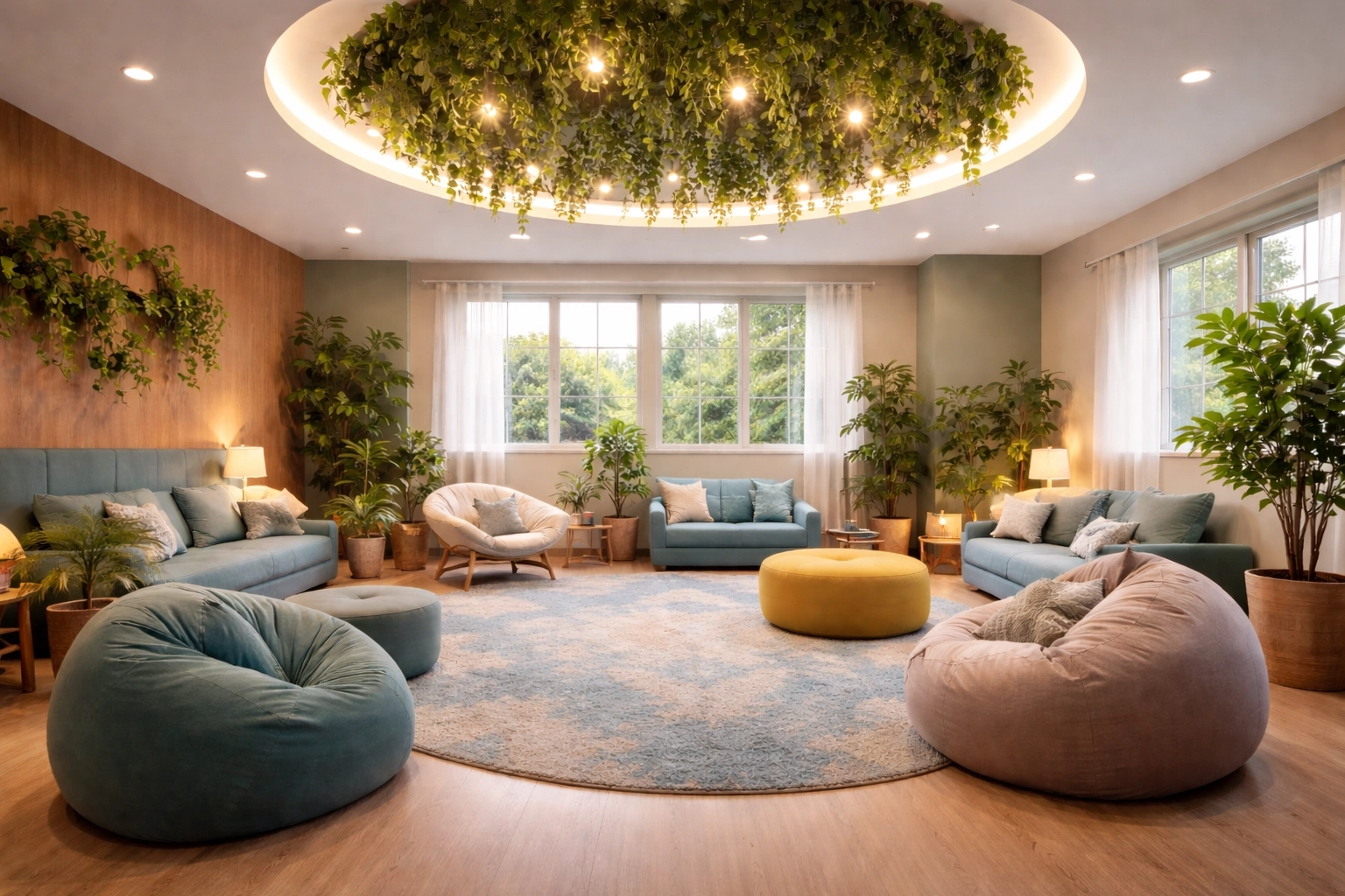 School calming room with soft seating and biophilic lighting for a student wellness space