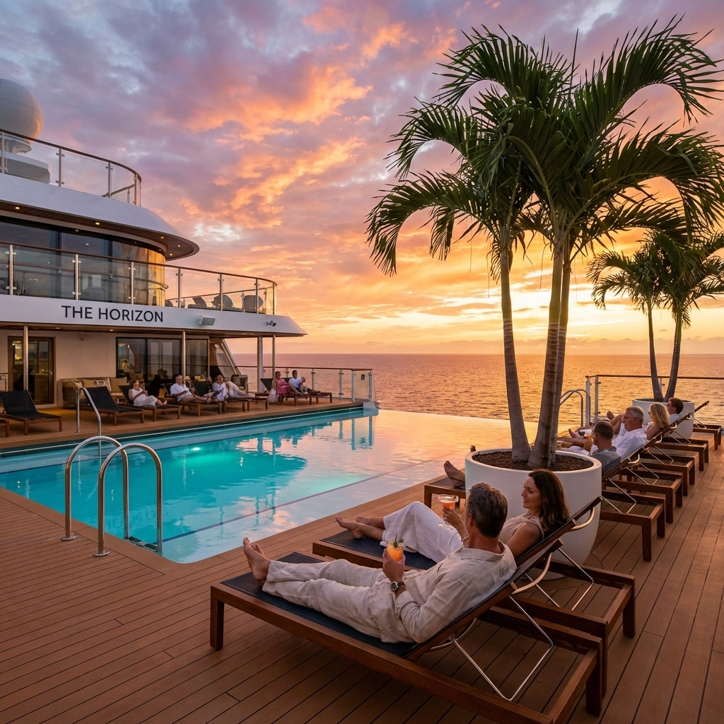 Luxury cruise ship deck at sunset with adults lounging by pool, showcasing relaxing Virgin Voyages atmosphere