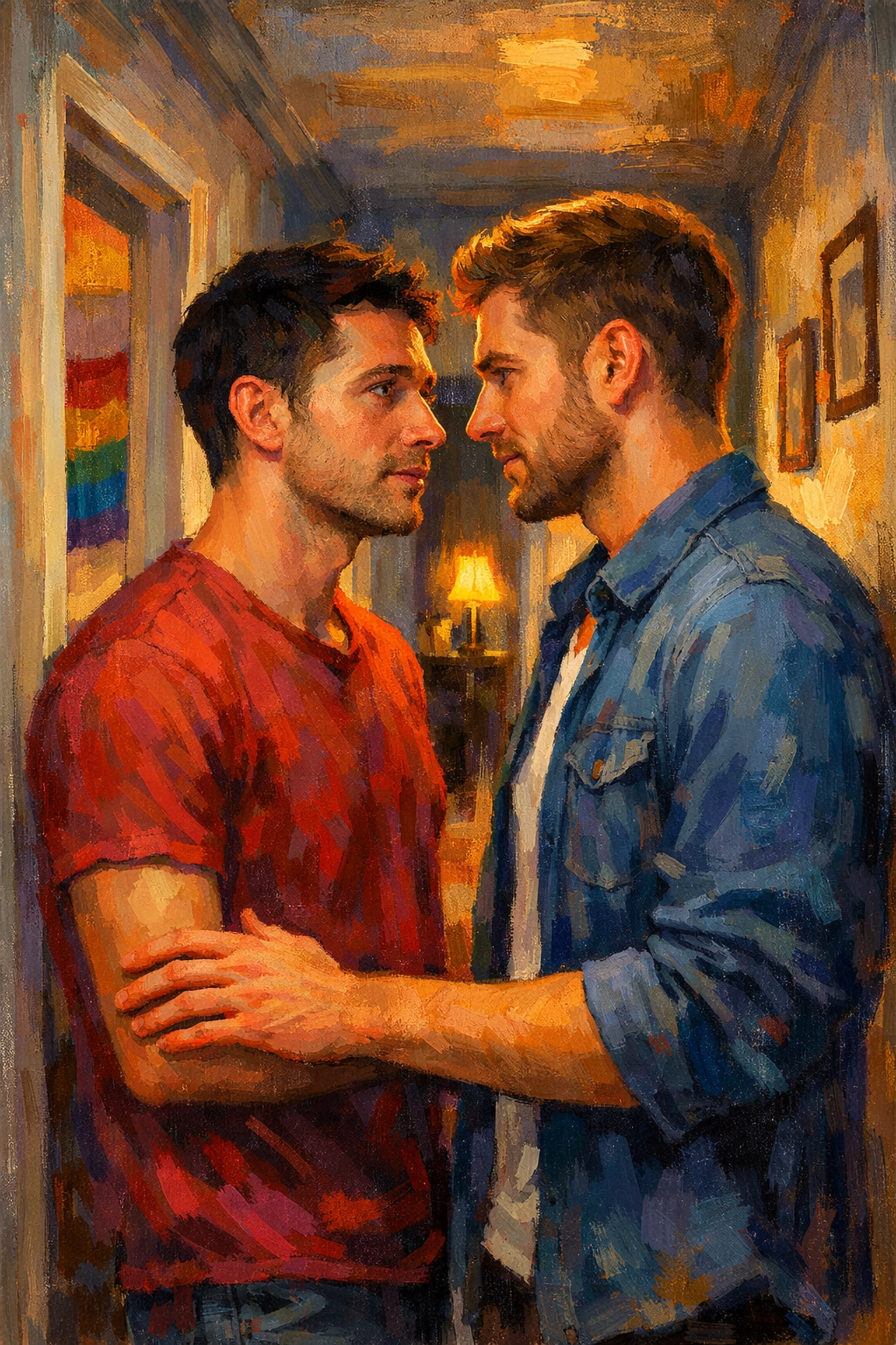 A tender moment of realization between two men in a hallway, showing the shift from roommates to gay romance.