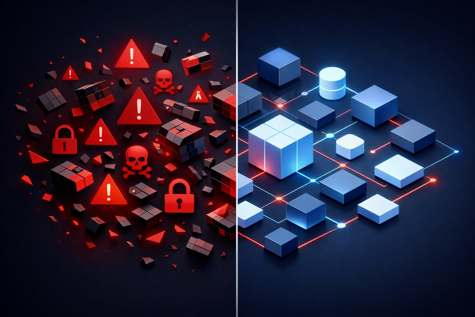 Visual contrast showing transition from chaotic AI systems to organized AI governance framework