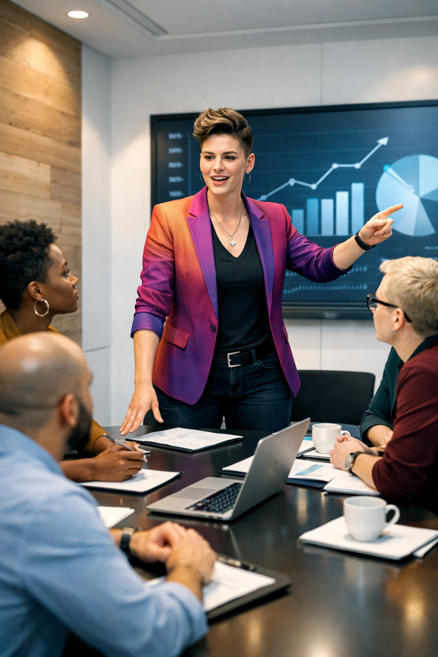 A non-binary leader presenting in a modern boardroom, demonstrating the impact of inclusive queer leadership.