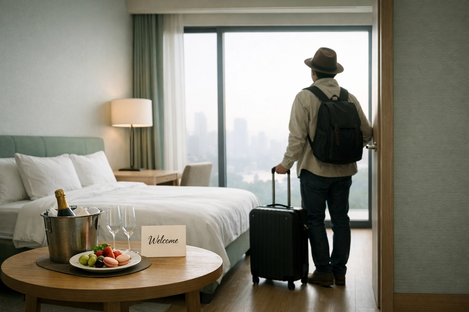 A traveler entering a modern hotel room, showcasing a seamless and welcoming guest experience.