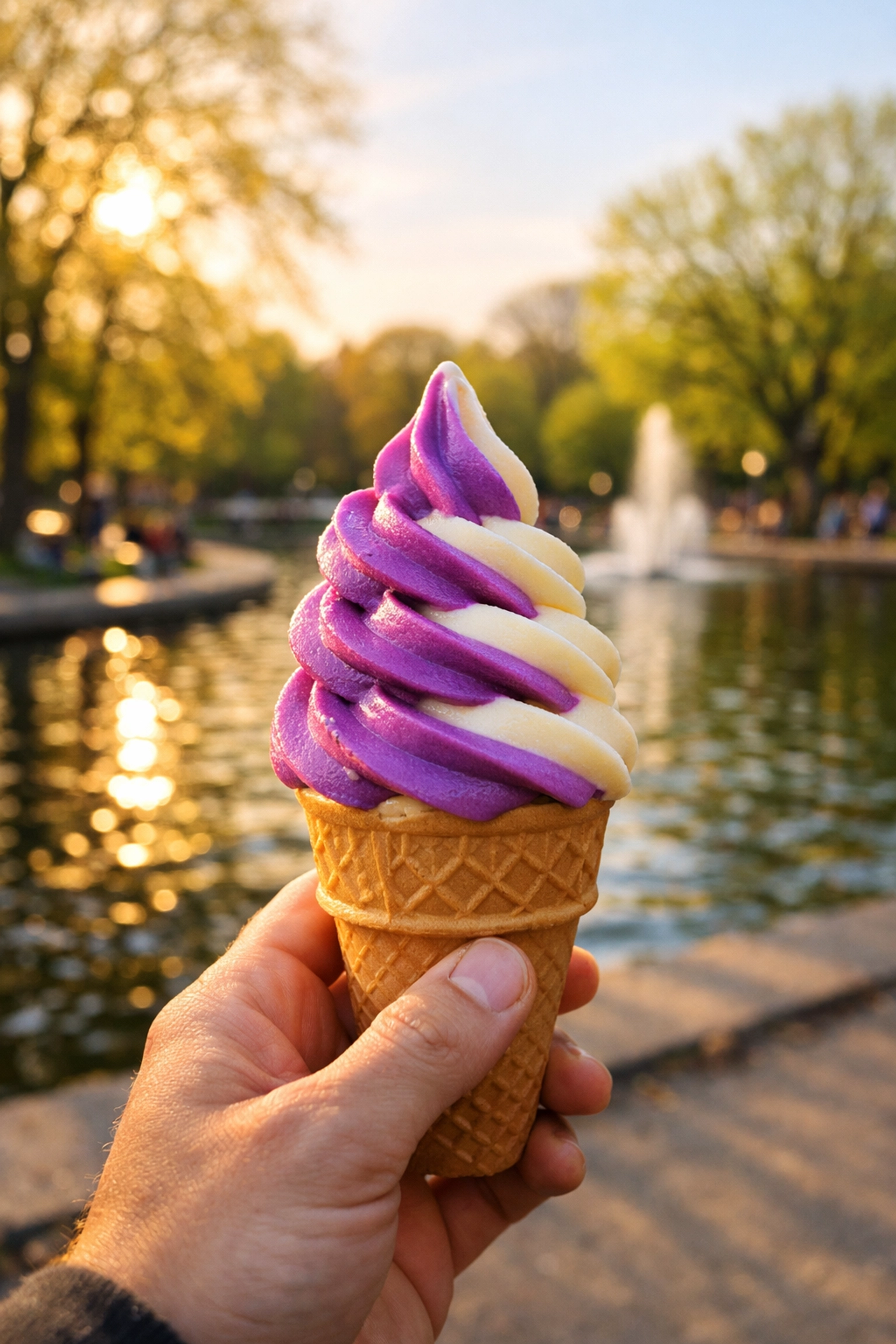 Hand holding a colorful artisanal ice cream cone at Parc La Fontaine in Montreal.