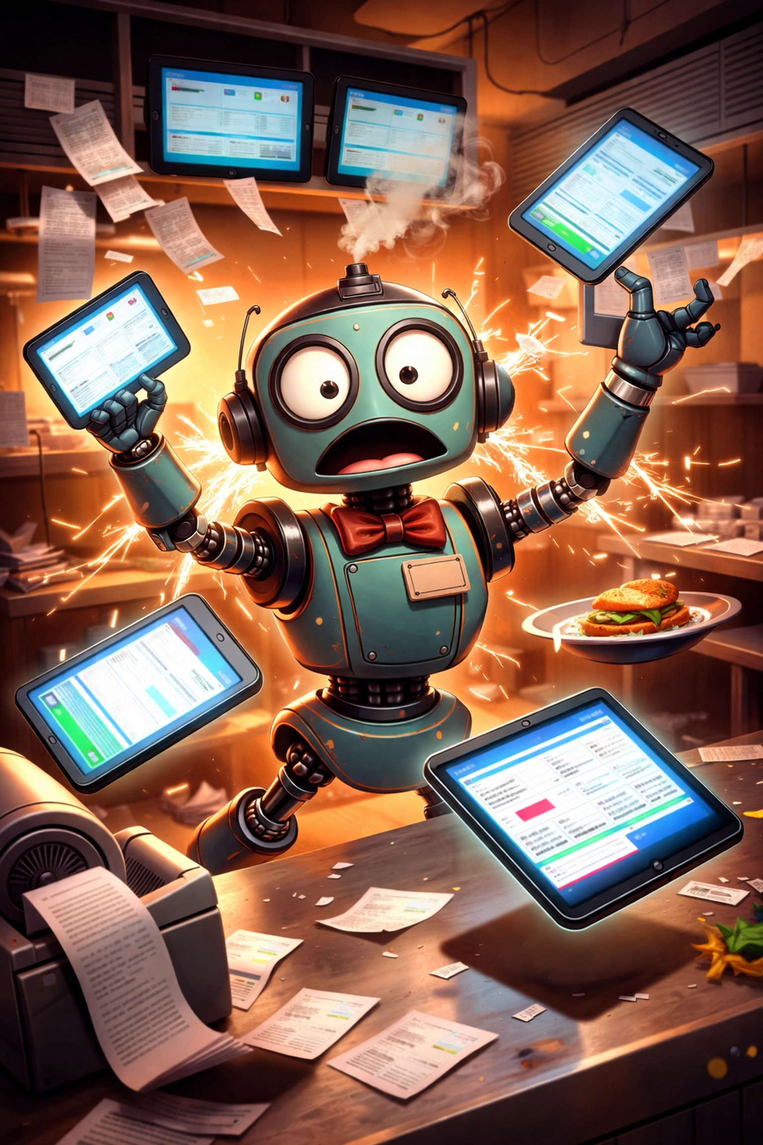 Overwhelmed robot waiter juggling multiple tablets representing restaurant POS tech chaos