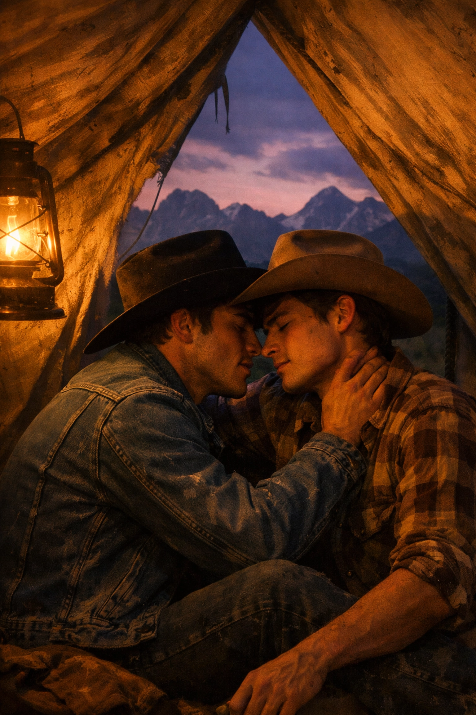 Ennis and Jack share intimate moment in tent on Brokeback Mountain - iconic gay romance scene