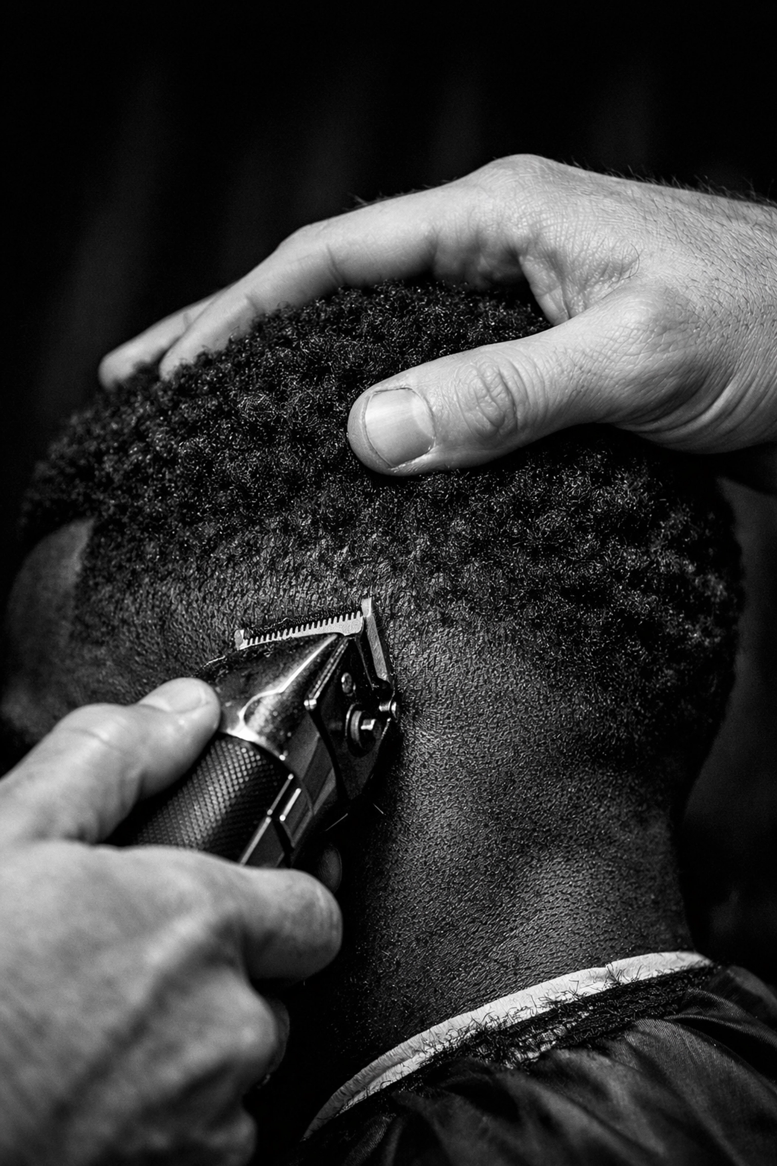 Student barber performing multicultural texture training on diverse hair at an Ohio barber school.