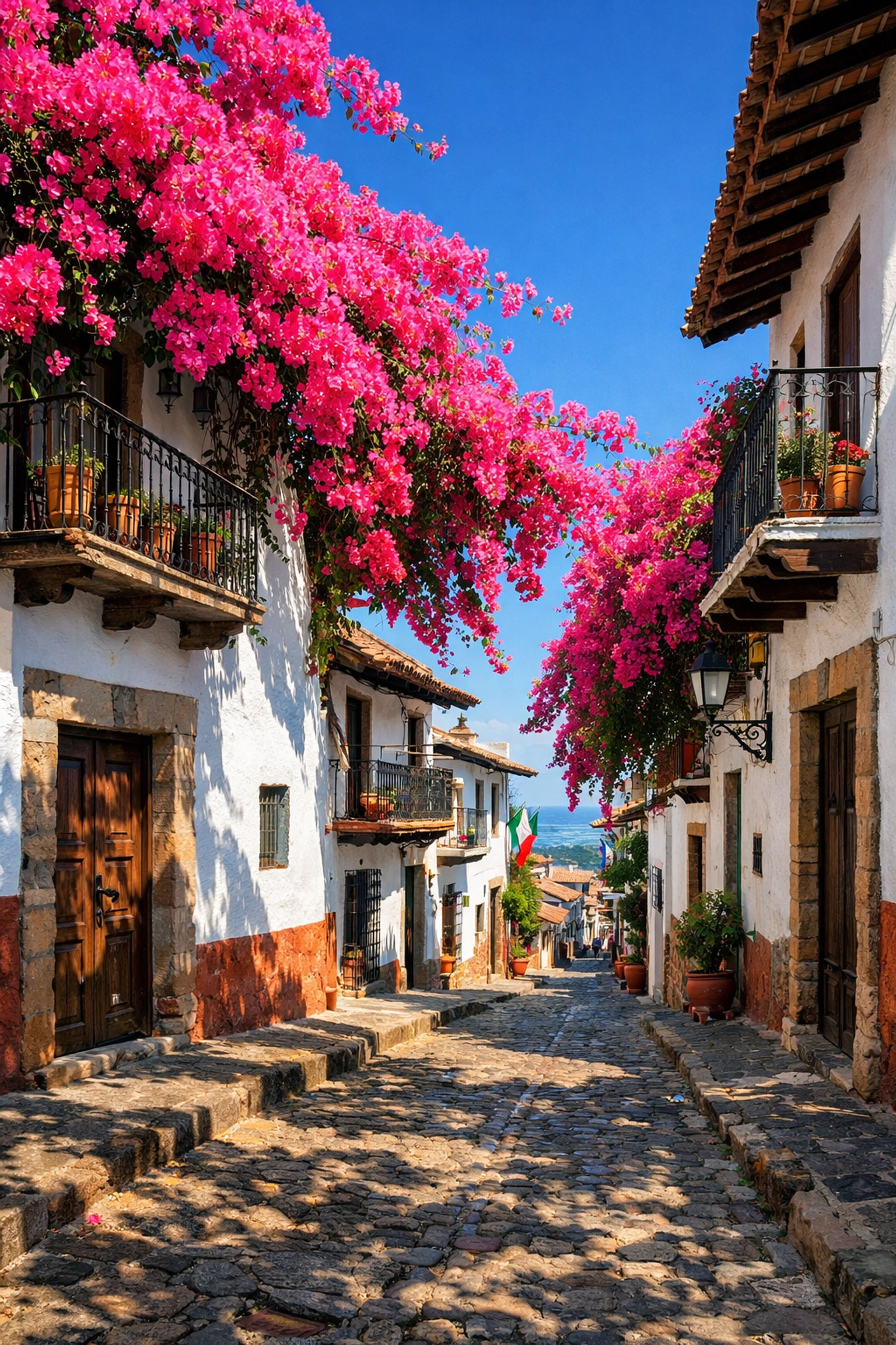 Romantic cobblestone street in Old Town Puerto Vallarta with vibrant bougainvillea flowers and white buildings.