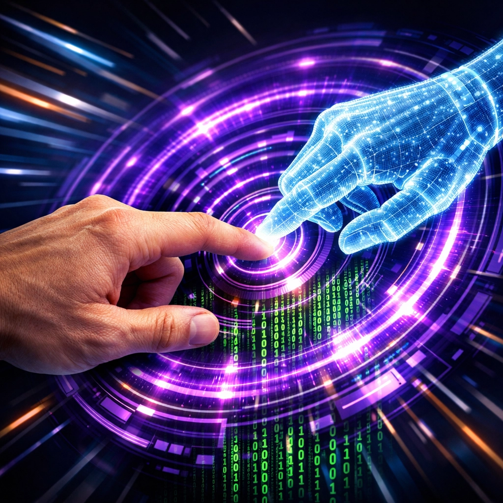 Human and AI hands merging to manage intelligent automation solutions and bridge the readiness gap.