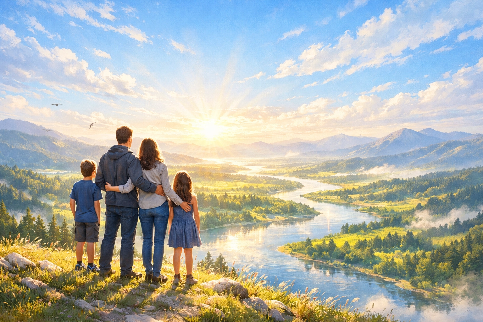 A nuclear family overlooks a beautiful restored valley at dawn, symbolizing the hope of Christ’s kingdom.