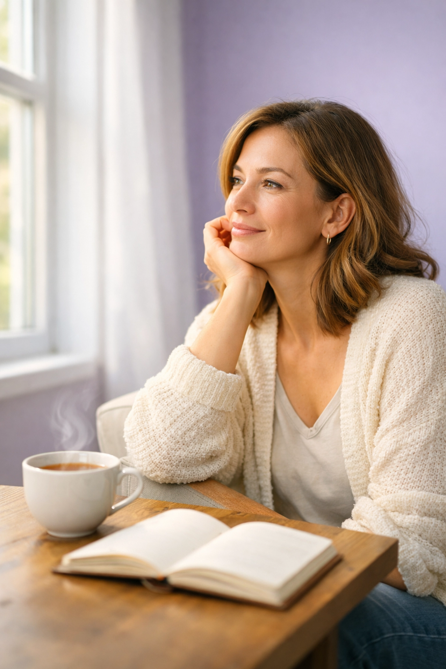 A woman in her 40s reflecting by a sunlit window, realizing her identity as a late life lesbian.