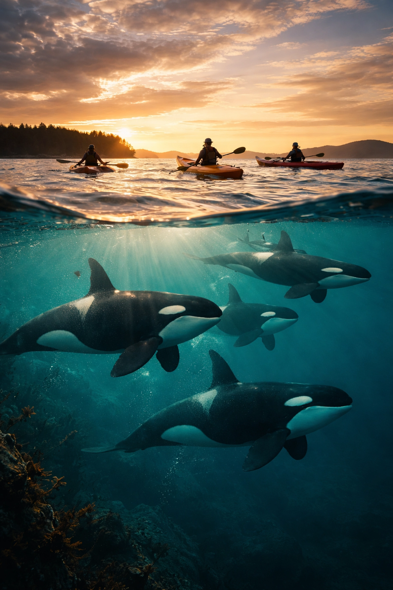 Split-view of orcas swimming under the surface while students kayak above in the San Juan Islands at sunset