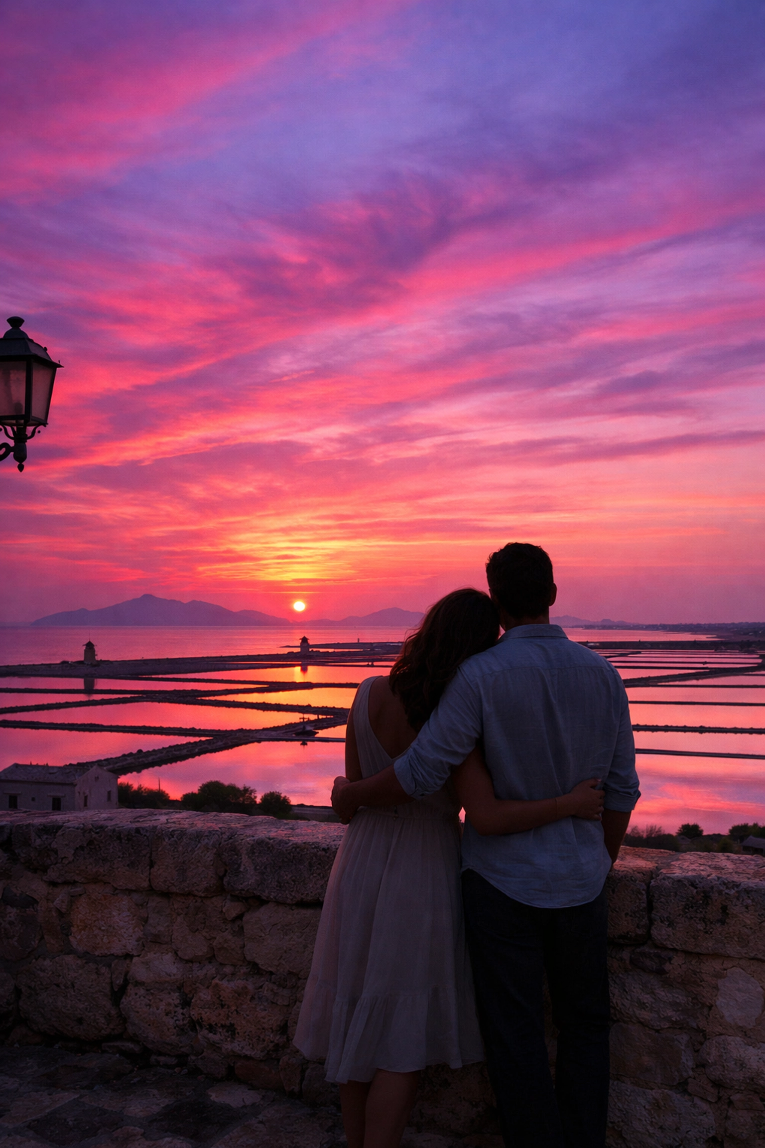 Romantic sunset views over the historic Trapani salt pans in Western Sicily.