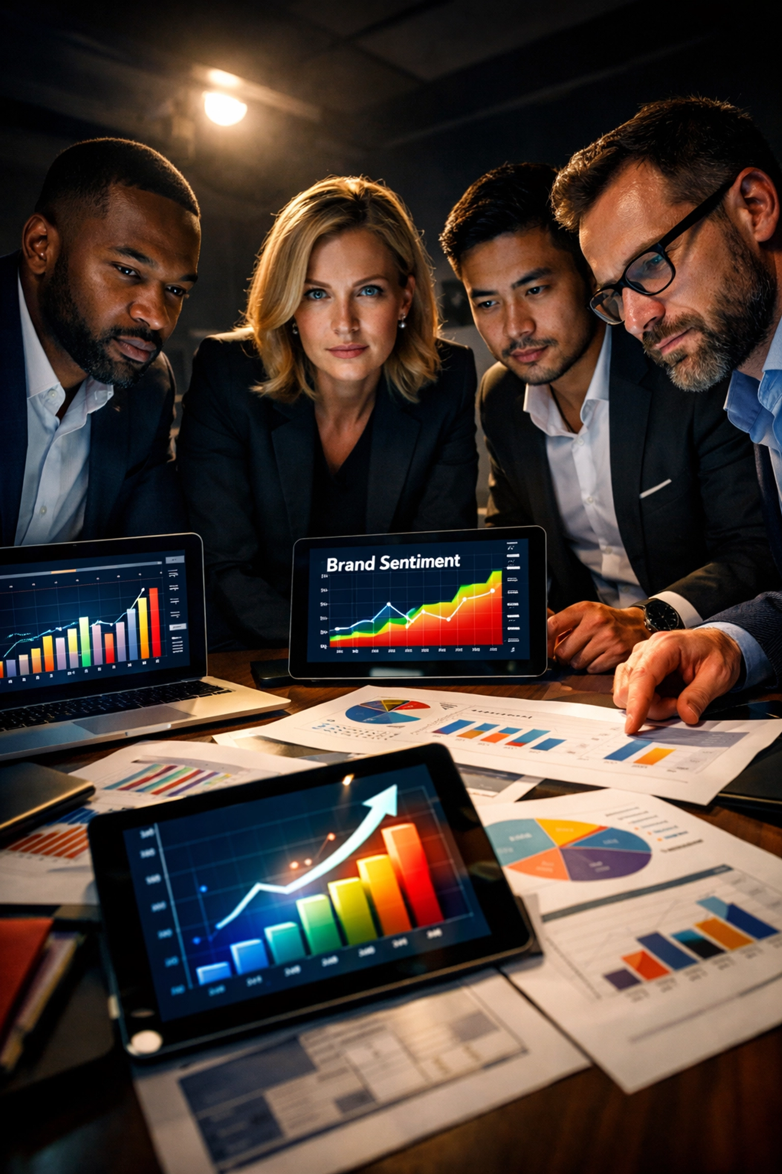 Marketing team analyzing brand performance metrics and ROI data for Super Bowl campaign strategy