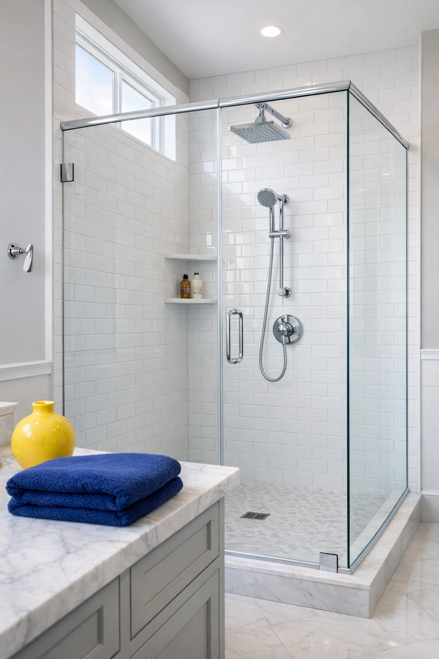 Sanitized luxury bathroom with sparkling tiles and chrome fixtures from a professional deep cleaning service.