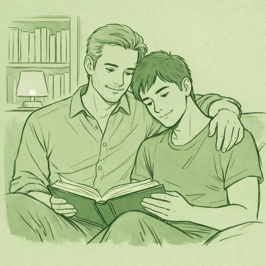 Age gap MM couple reading together on couch - emotional connection in gay romance literature