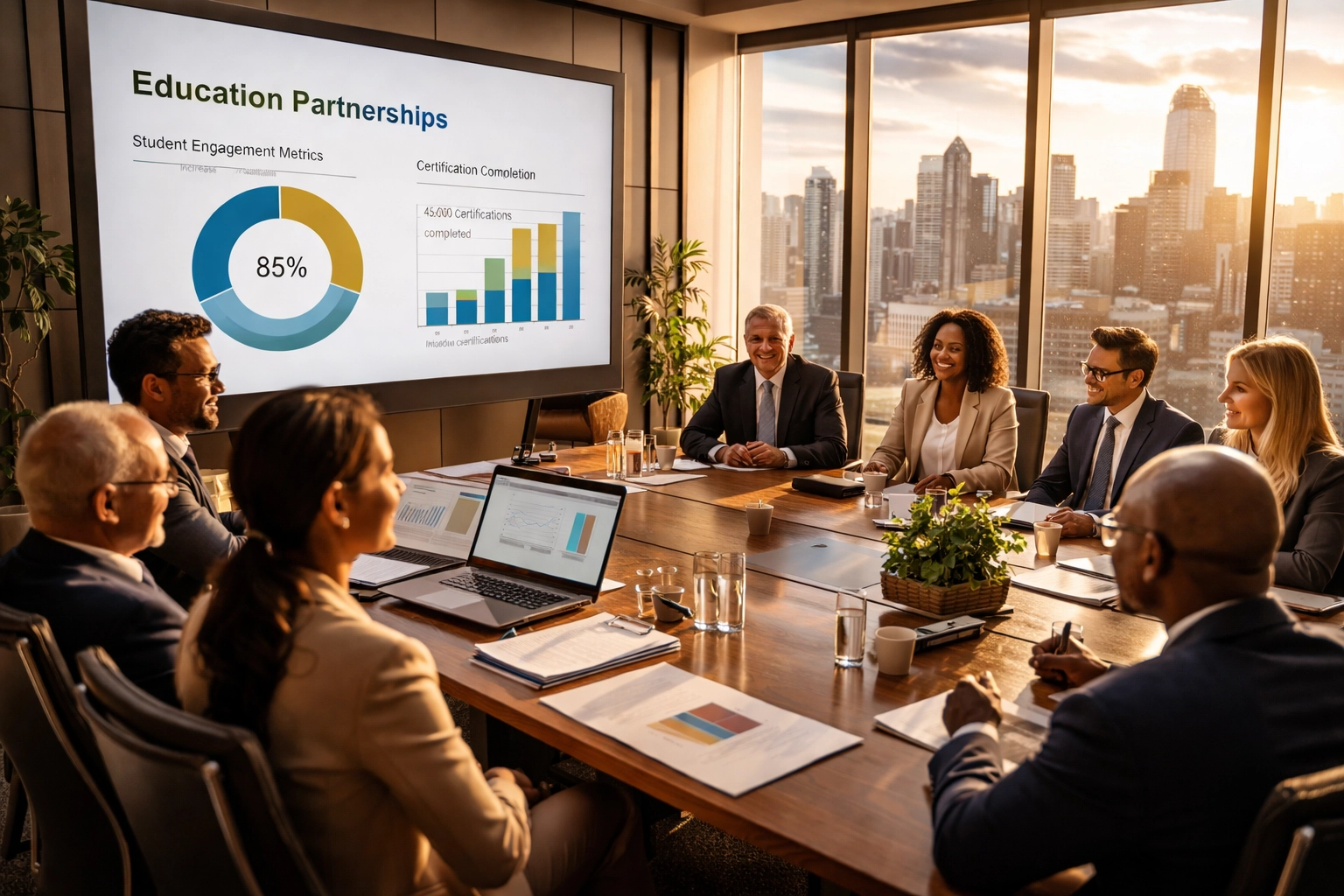 Fortune 100 executives review student engagement and STEM partnership metrics in a boardroom, emphasizing workforce strategy.