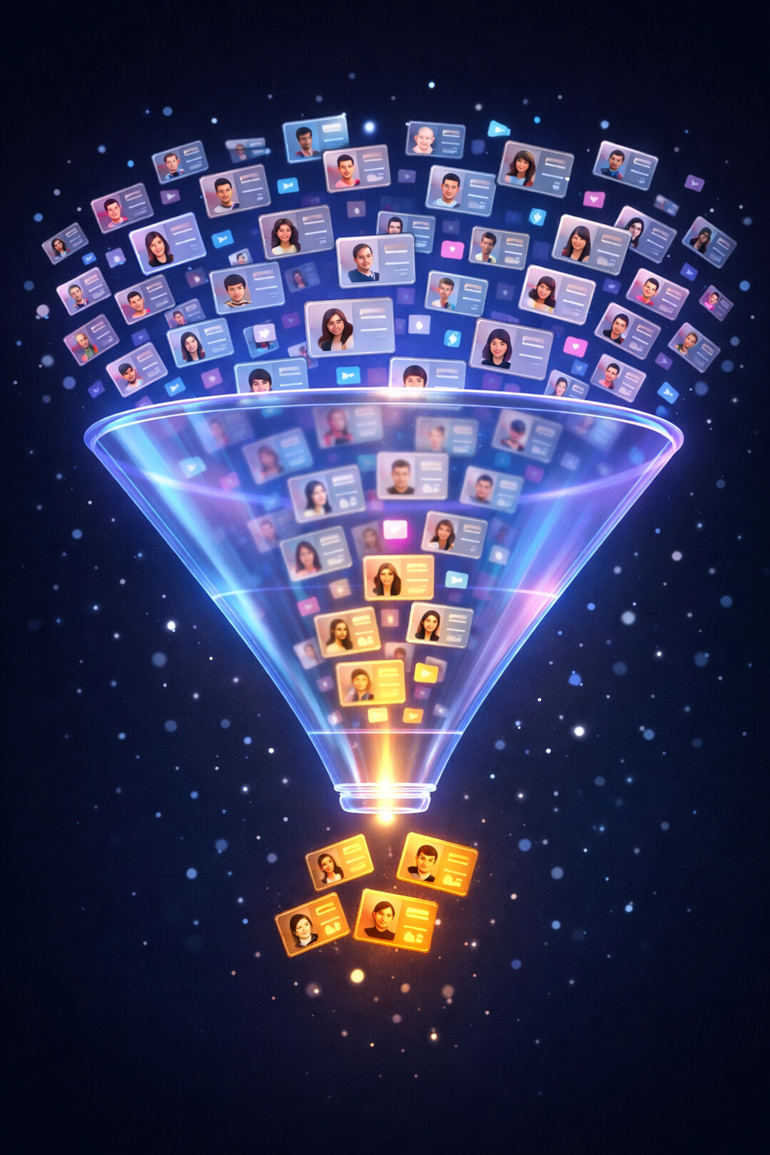 Creator shortlisting funnel showing mass discovery filtering down to qualified influencer candidates