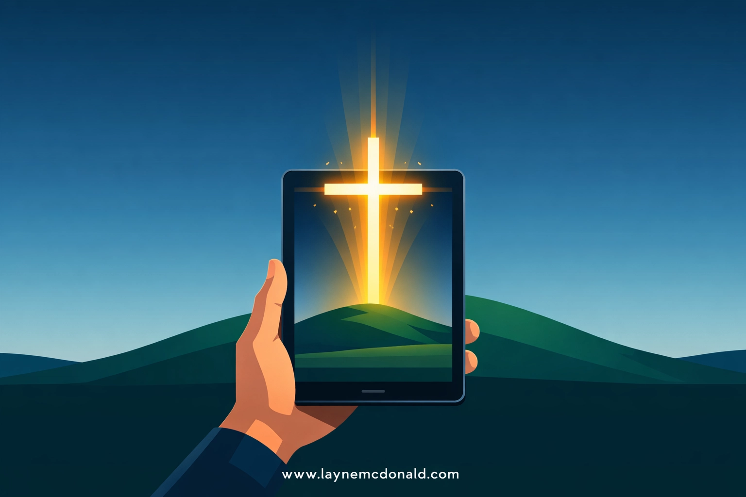 Digital tablet showing a glowing golden cross over a landscape, illustrating an augmented reality prayer walk.