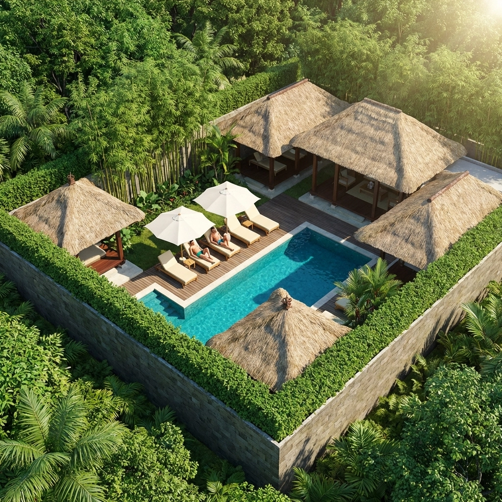 Aerial view of secluded clothing-optional villa with pool in Bali
