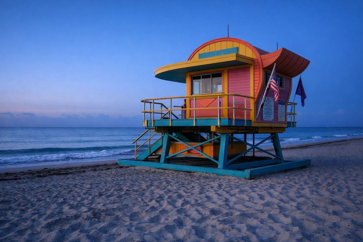 Art Deco lifeguard tower at South Beach, one of the best places to take pictures in Miami at sunrise.