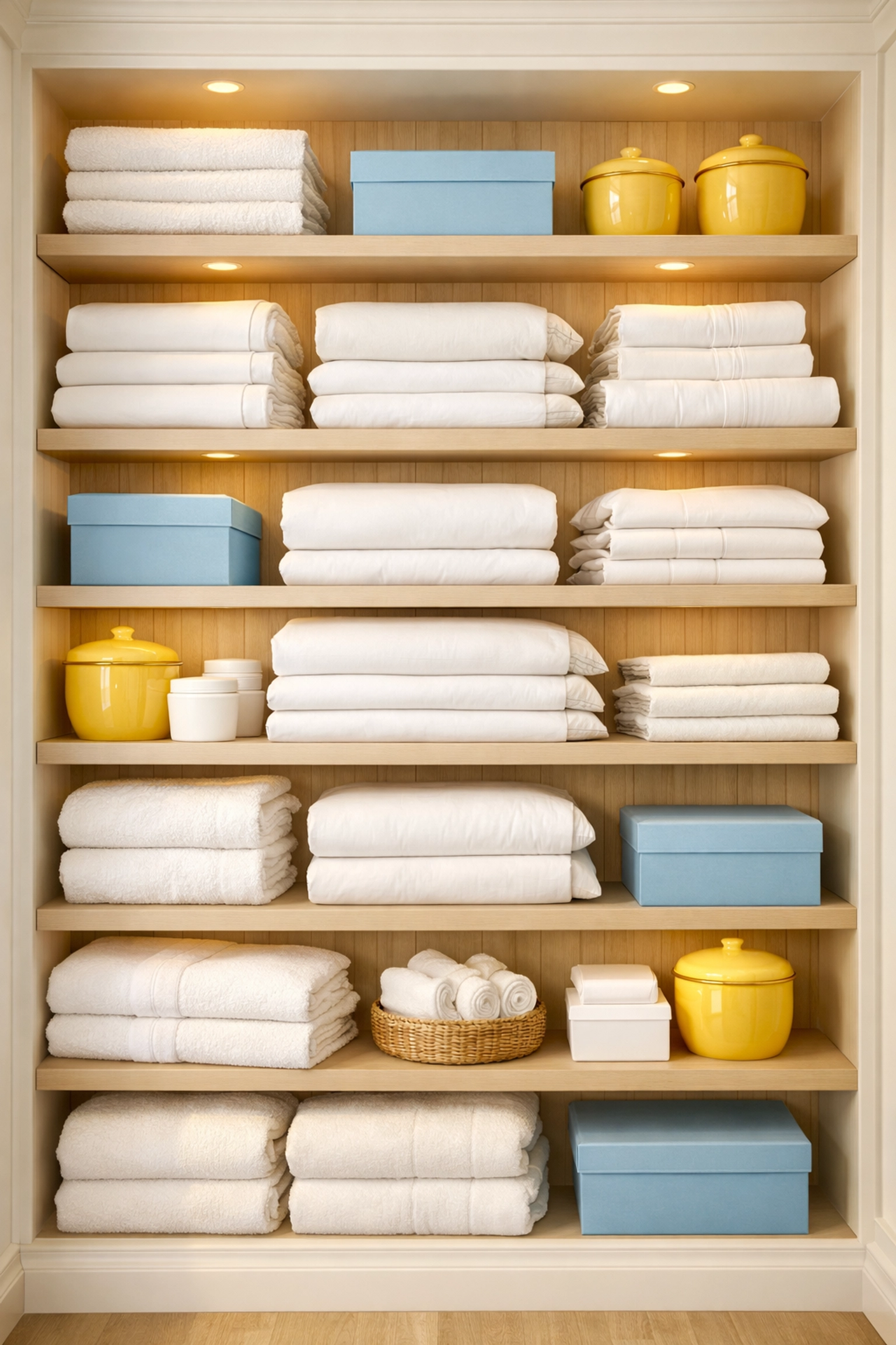 Organized linen closet with bright white sheets maintained by professional eco-friendly cleaning habits.