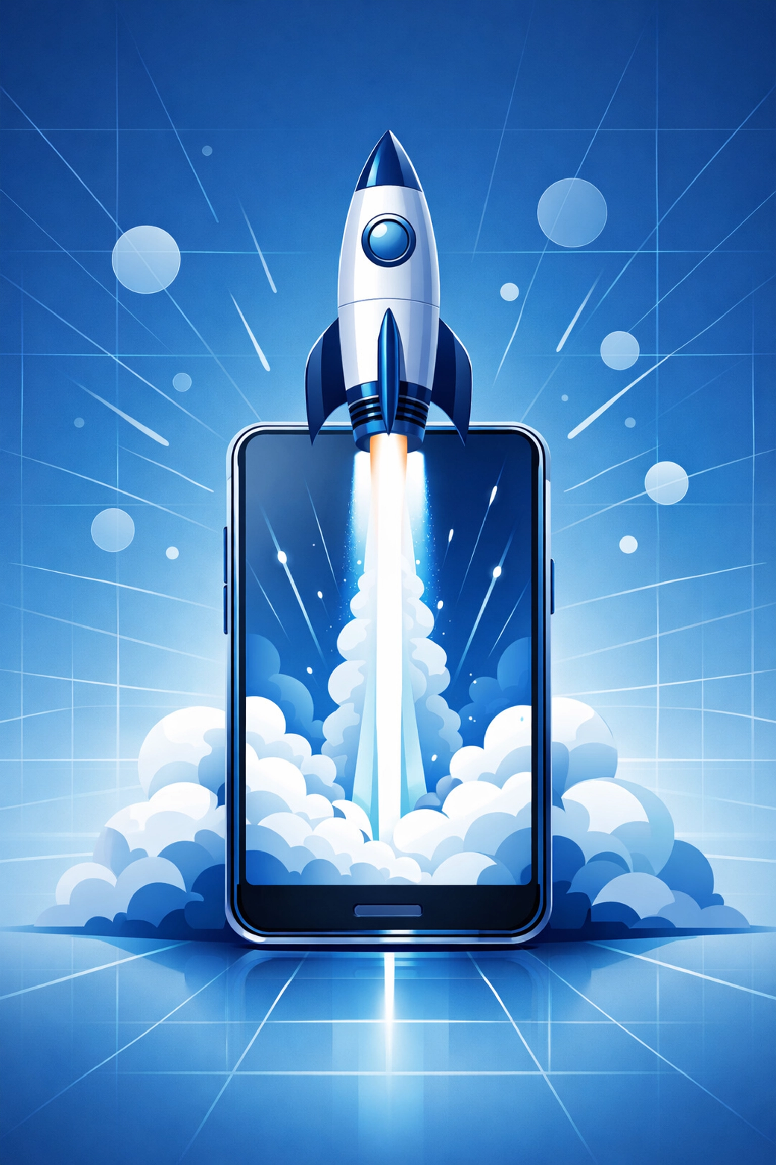 Rocket ship launching from a smartphone screen, representing high-speed web design and performance optimization.