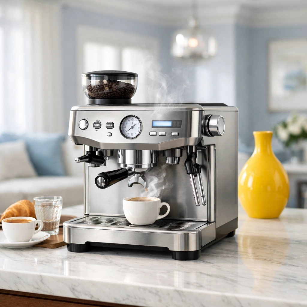Sleek stainless steel espresso machine on a clean marble kitchen countertop.