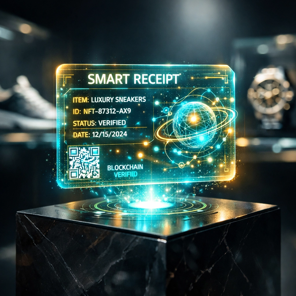 Digital NFT receipt verifying a luxury purchase on the blockchain for metaverse commerce.