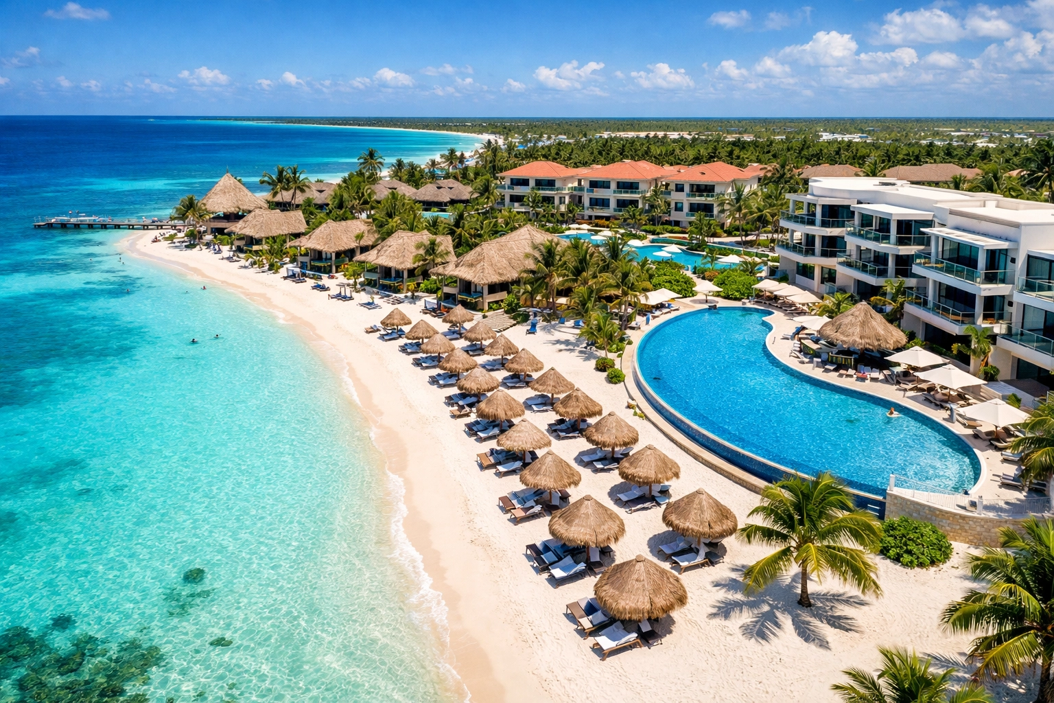 Aerial view of Caribbean beach resort showing available accommodations for summer travel