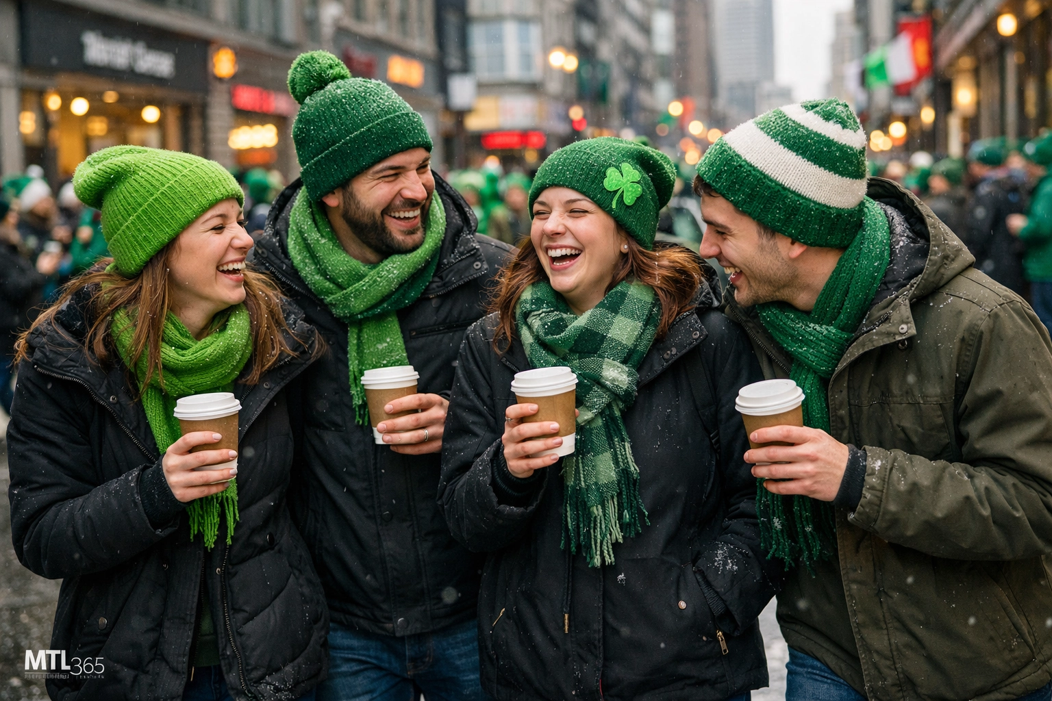 Friends in green gear celebrating at the Montreal St. Patrick’s Day Parade on Rue Sainte-Catherine.