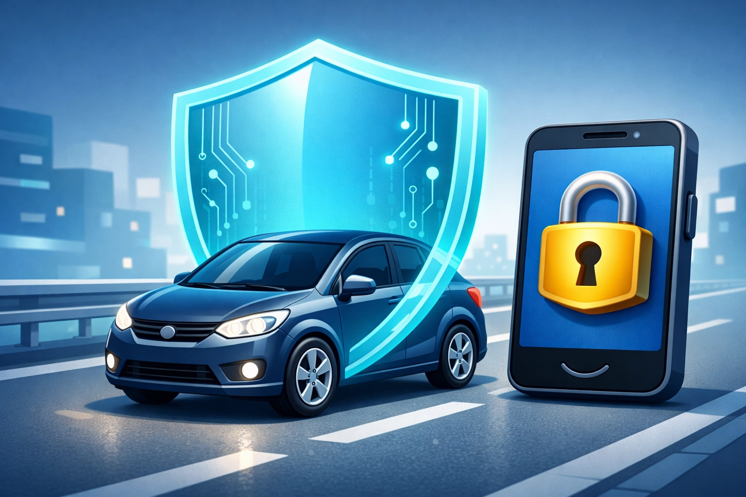 Secure car with a digital shield and padlock representing 2026 insurance telematics data privacy updates.