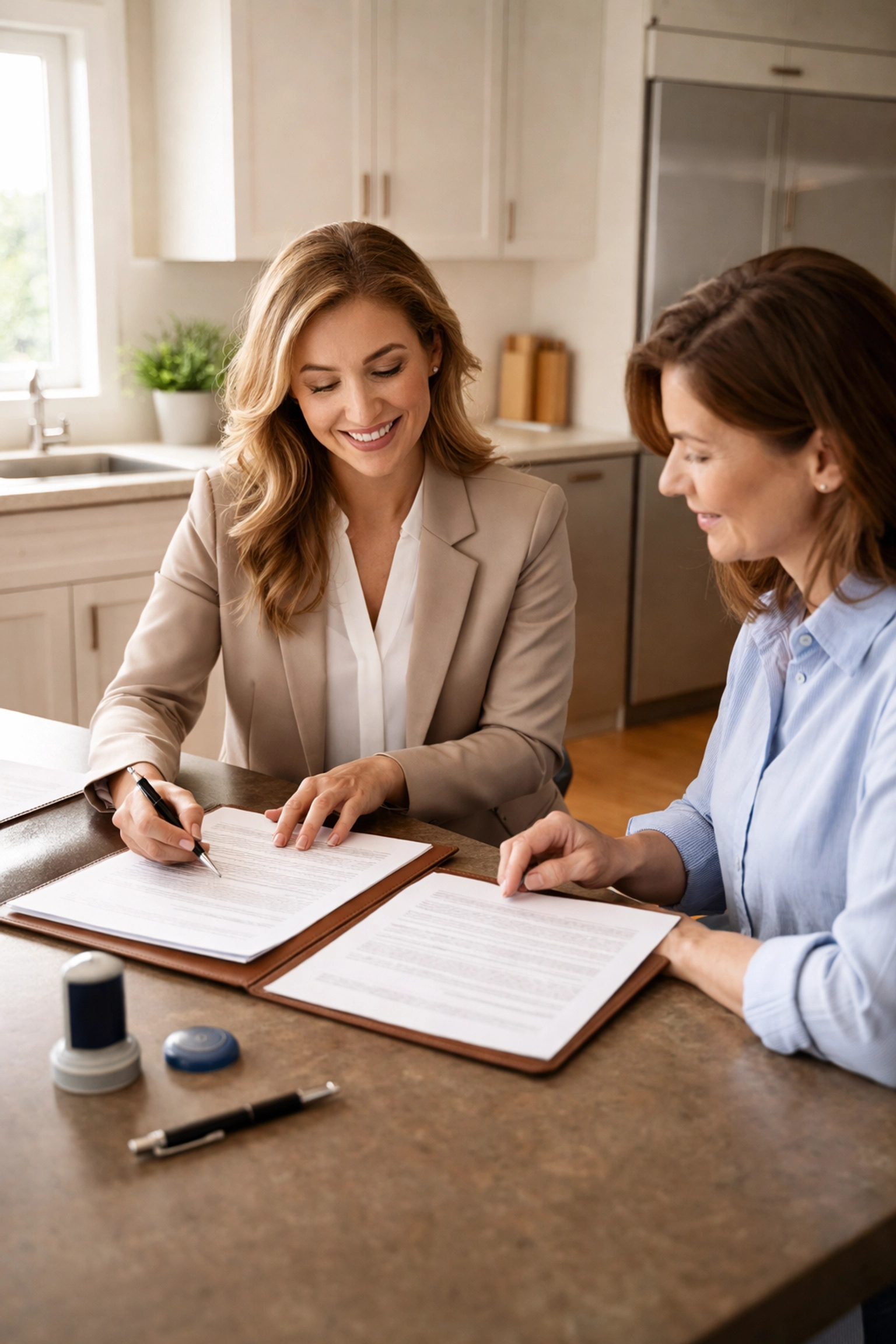 Mobile notary meeting with client at home to review and notarize documents in Texas