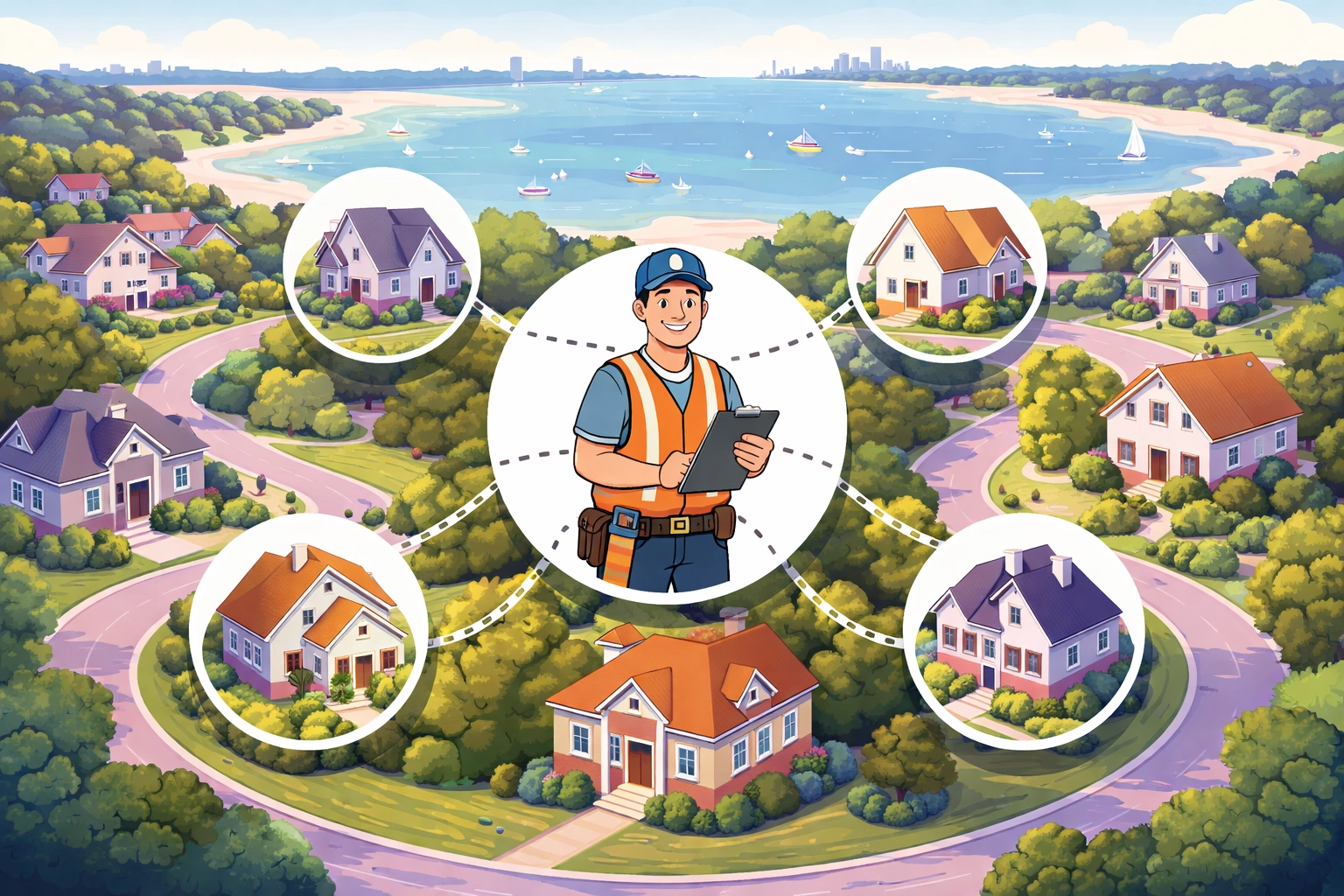 Illustration of Hampton Roads neighborhood connecting local contractors with homes seeking contractor leads