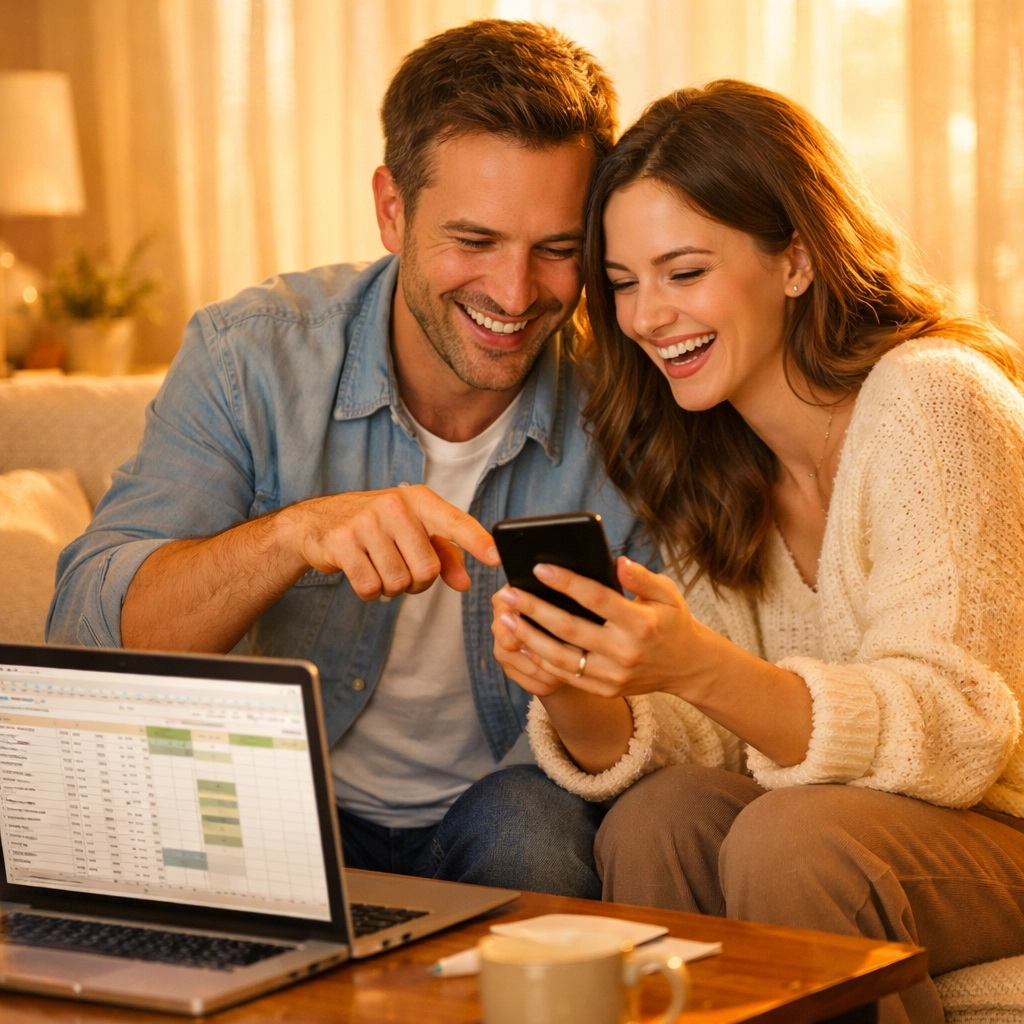 Engaged couple planning wedding together using smartphone and laptop for online RSVPs
