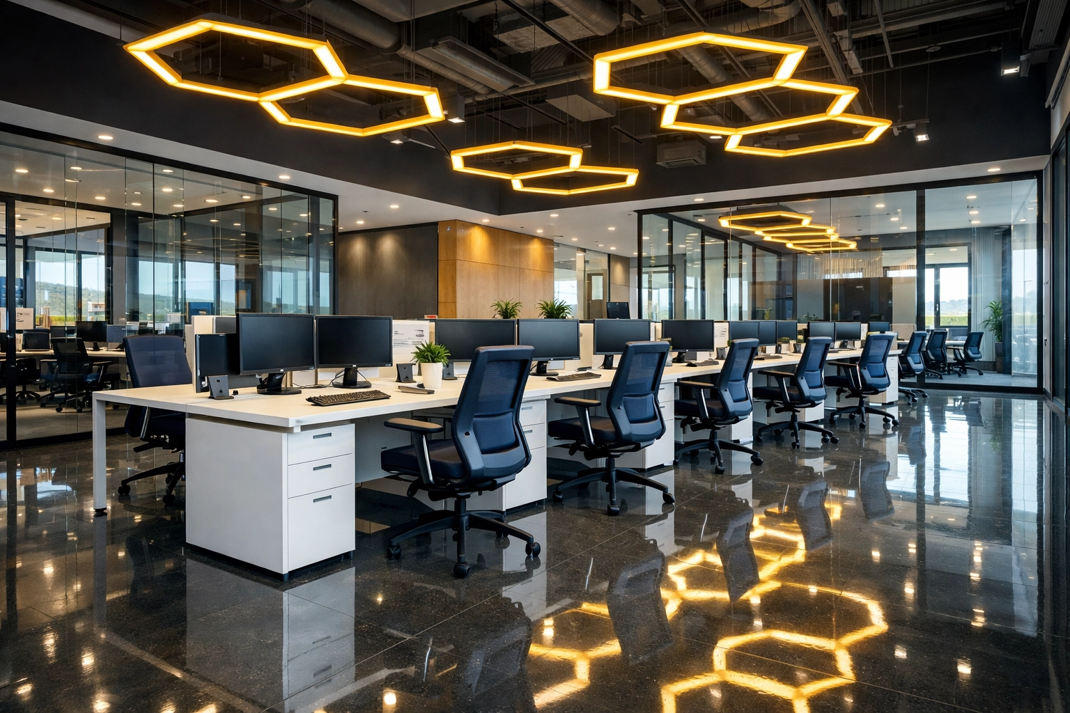 Sanitized modern office in Bedford, Massachusetts, showcasing professional MetroWest commercial cleaning services.